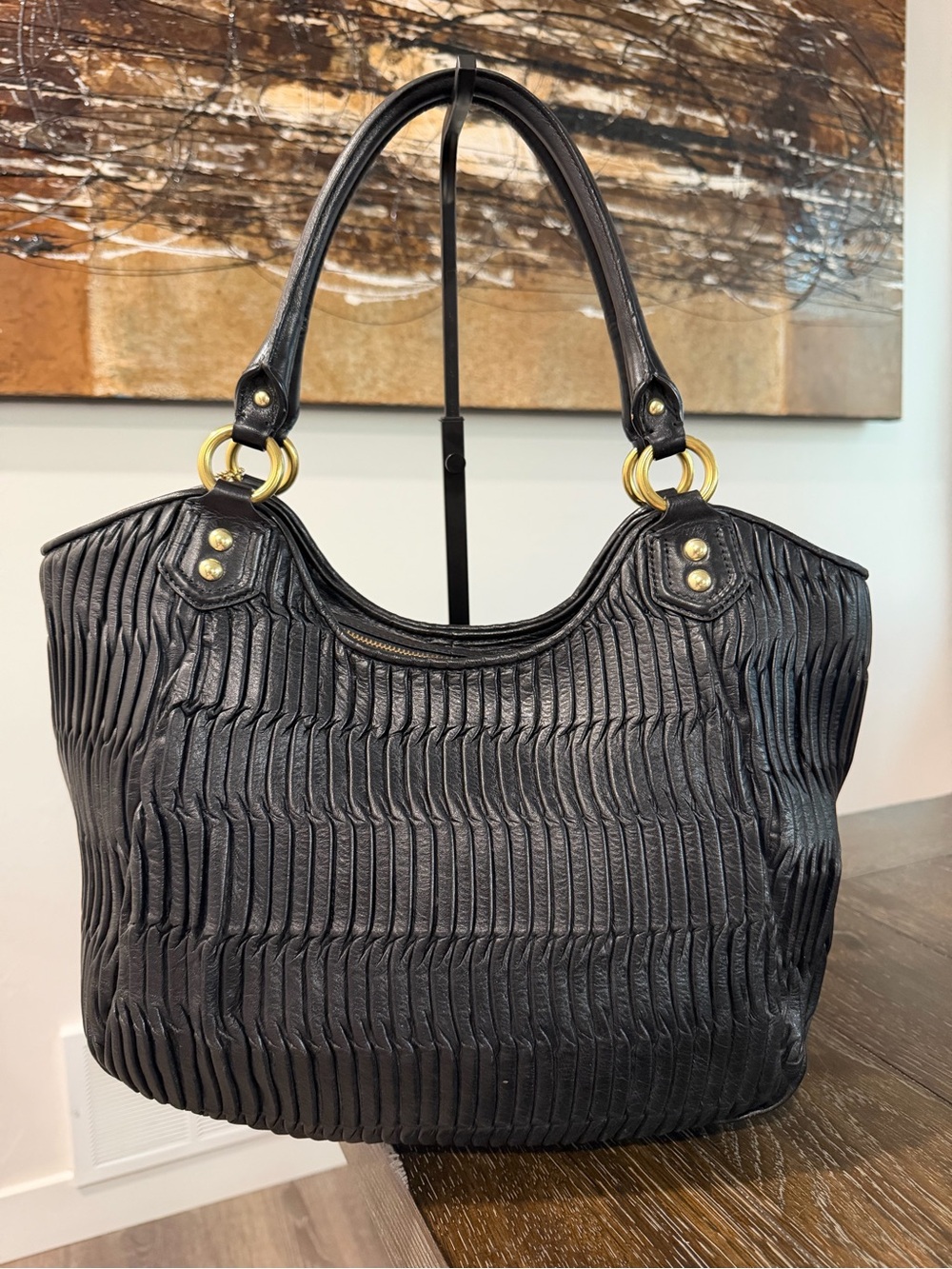 Coach Ashley Black Gathered Leather Shoulder Bag with Brass Accent F23928 - Picture 2 of 10